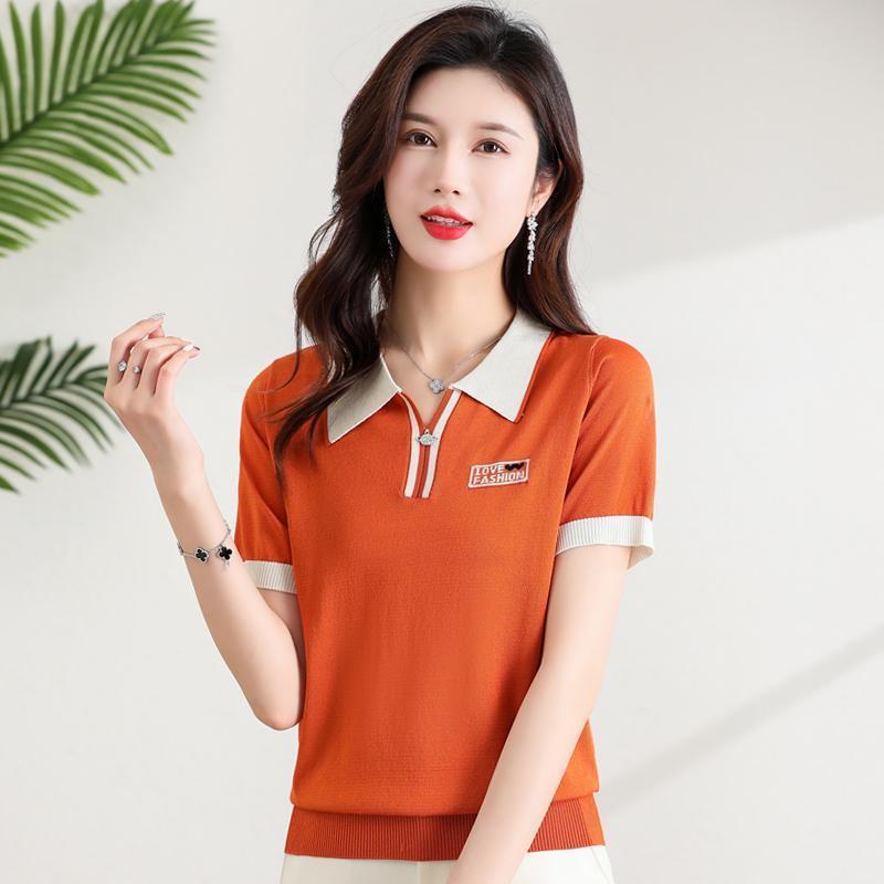 Fashionable Polo Collar Middle-aged Elderly Women's Loose Knitwear Thin Casual Short-sleeved T-shirt