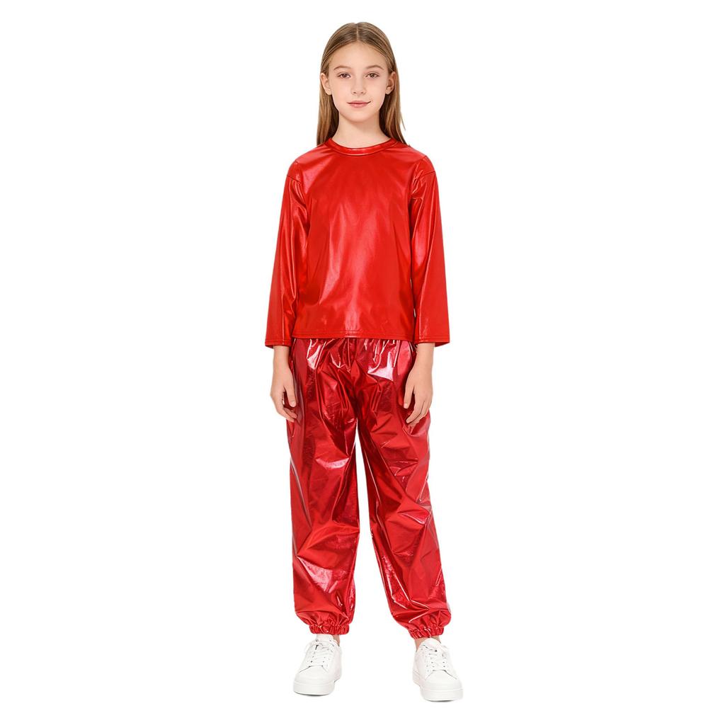 Kids Girls Dance Performance Outfit 2-Piece Set: Metallic Shiny Long Sleeve T-shirt & Matching Shiny Pants for Stage & Party