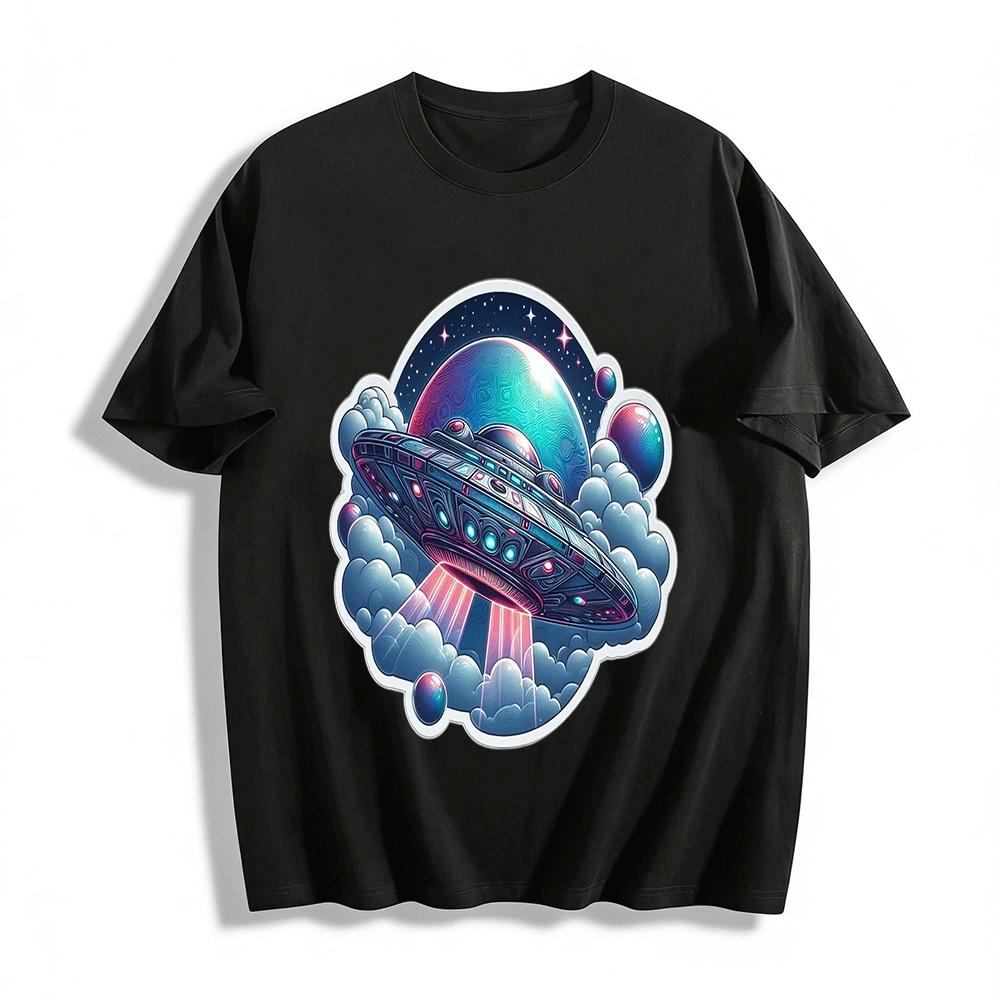 

Vintage Sci-Fi UFO Space Themed Graphic Casual Top Pure cotton T-shirt XXS