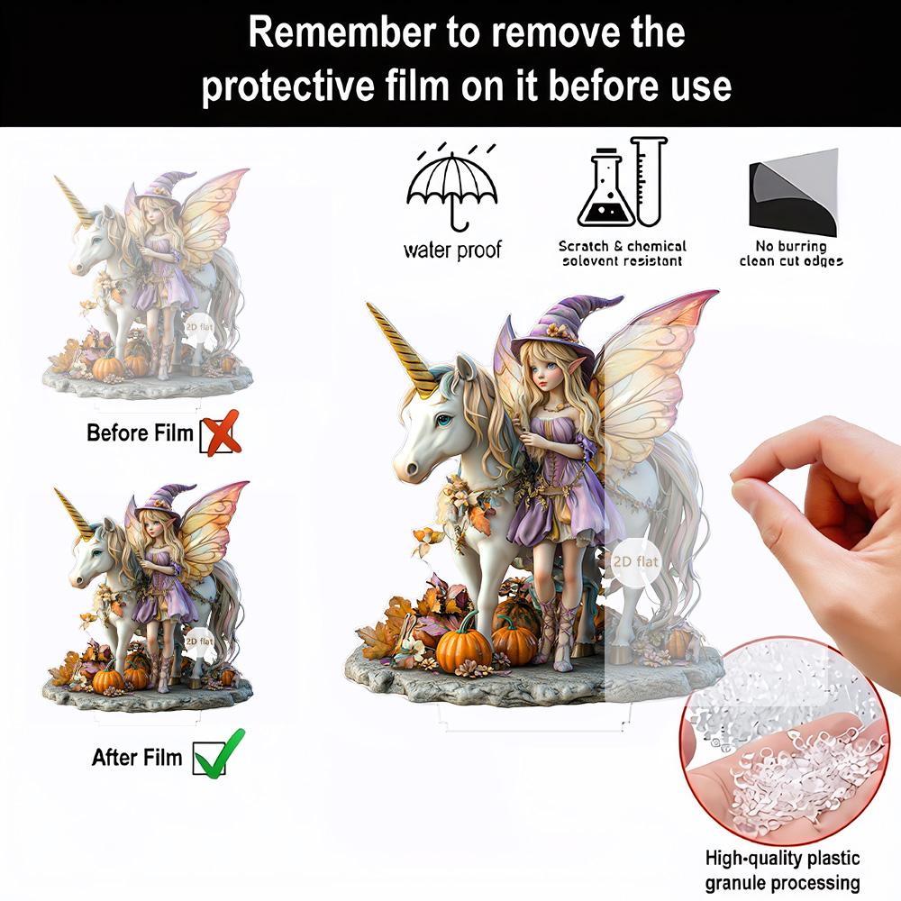 Halloweenská víla jedoucí na jednorožci 2D akrylová domácí stolní sváteční dekorace, Halloweenský dárek pro rodinu a přátele