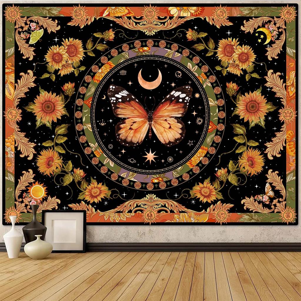 Accnicc Yellow Sun and Moon Tapestry Vintage Indie Boho Tapestry Wall Hanging  Sunflowers Butterfly Moth Constellation Wall Mat