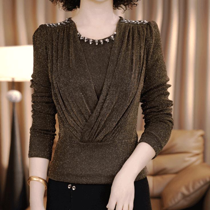 In Stock: Elegant Floral French Spring Blouse with Beaded Lace & Round Neck - Thickened Bright Silk Base Layer