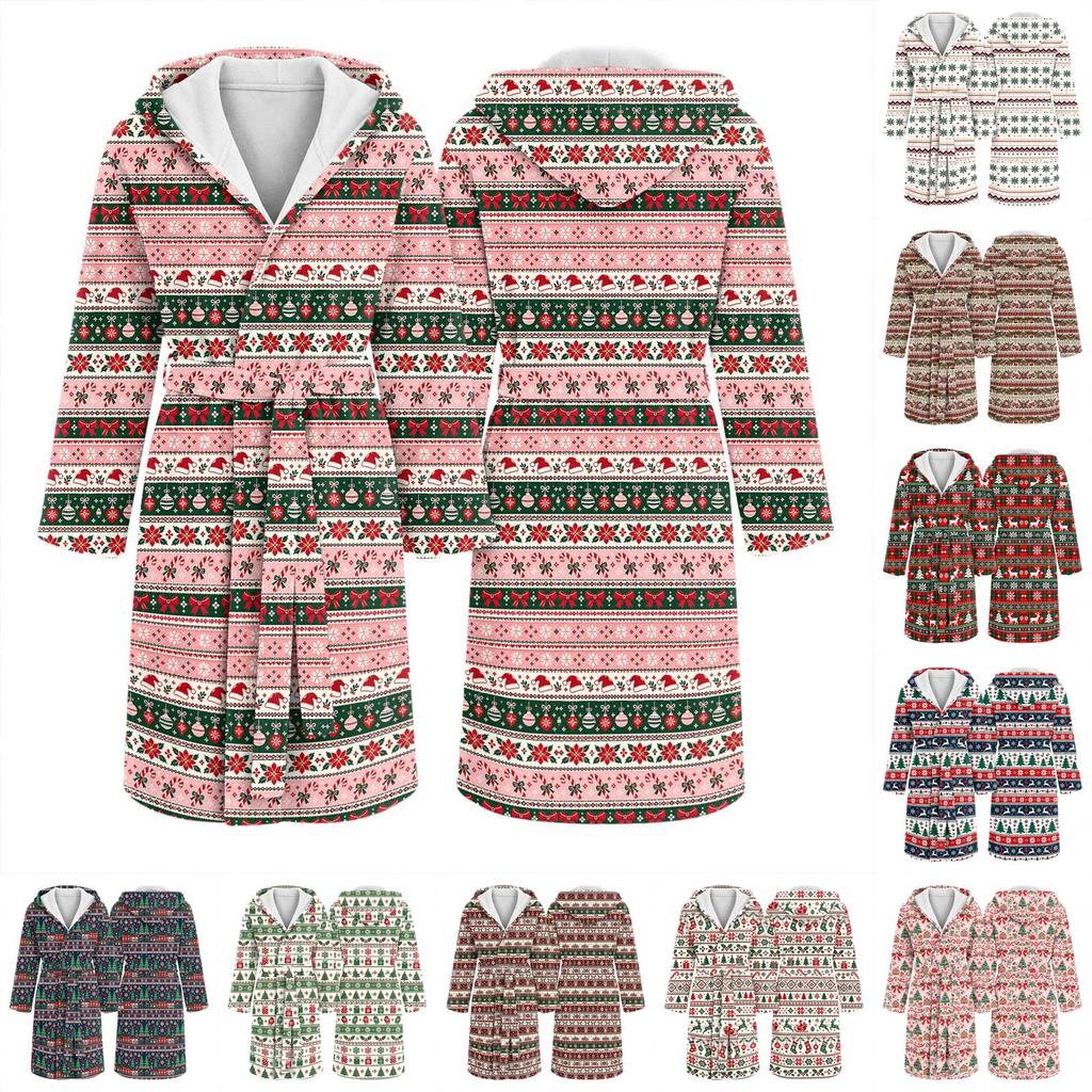 Unisex Long Christmas Print Flannel Bathrobe, Absorbent Quick-Dry Sleep Robe for Men and Women