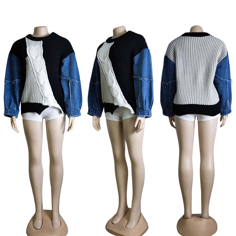 Женский свитер в стиле ковбой-пэчворк с модным дизайном и кисточками свободный трикотажный свитер с капюшоном короткий топ на осень и зиму One Size чёрный 2729₽