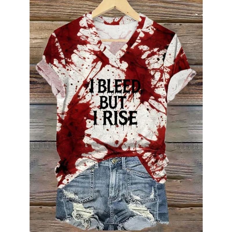 Women's T Shirt Bloodstain Graphic Letter Vintage Stylish Classic Short Sleeve V Neck Regular Tops