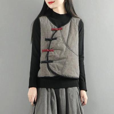 Women's Autumn Winter Chinese Style Frog Button Plaid Vest Retro Loose Sleeveless Waistcoat
