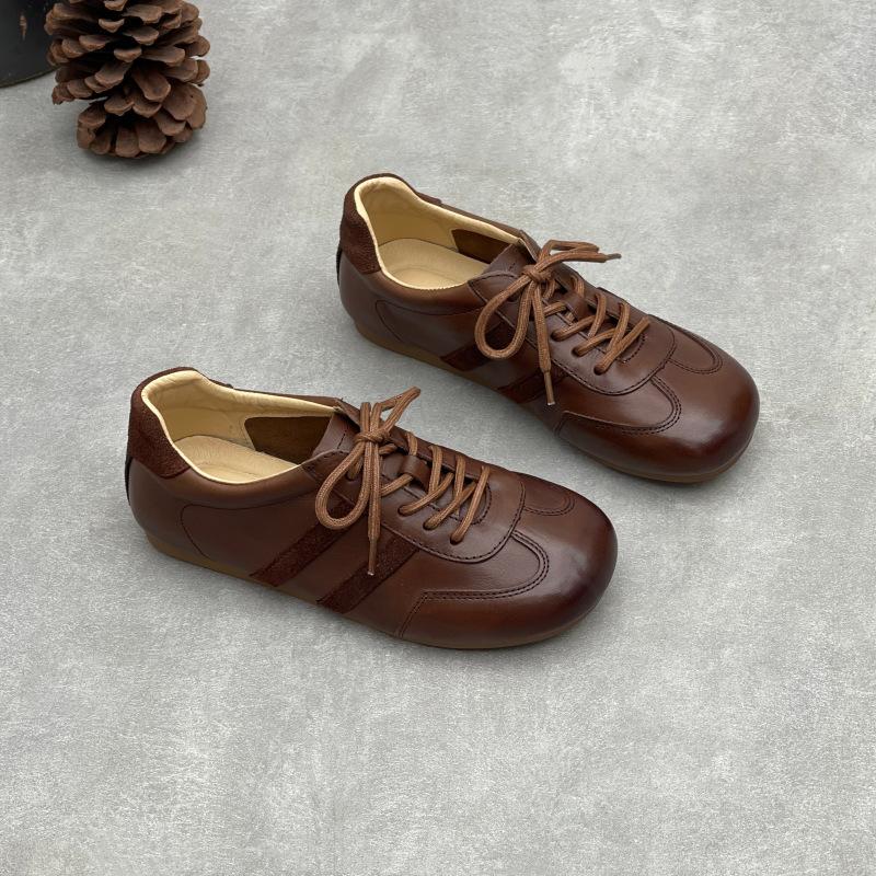 Autumn leather single shoes hand-polished lace-up casual shoes flat soft cowhide casual moral training women's shoes