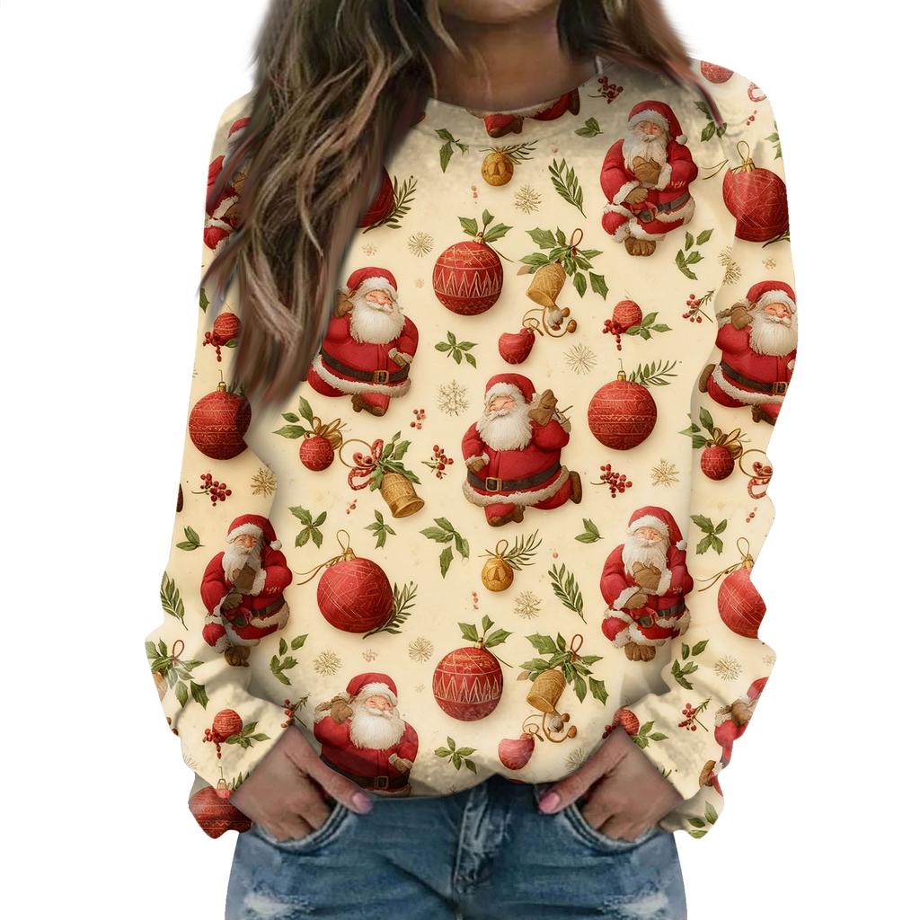 Women's Fashion Casual Long Sleeve Christmas Printed Neck Sweatshirt Top
