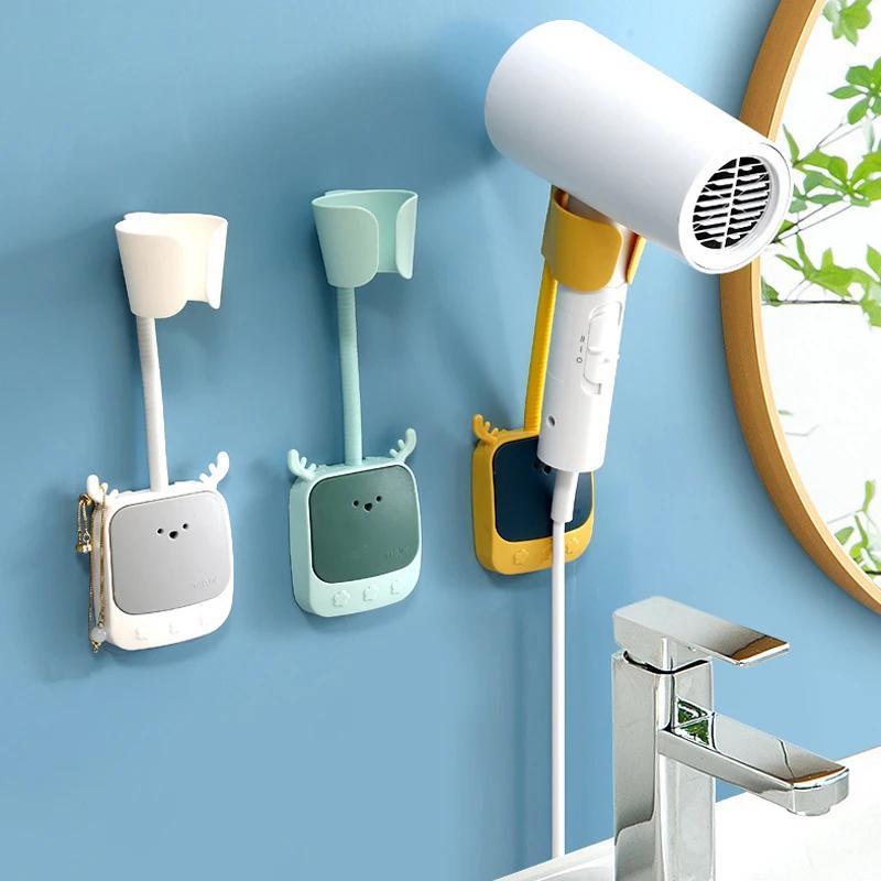 180° Adjustable Hair Dryer Holder Self-Adhesive Hair Dryer Shelf Wall Mount Bathroom Universal Stand Cute Cartoon Storage Rack
