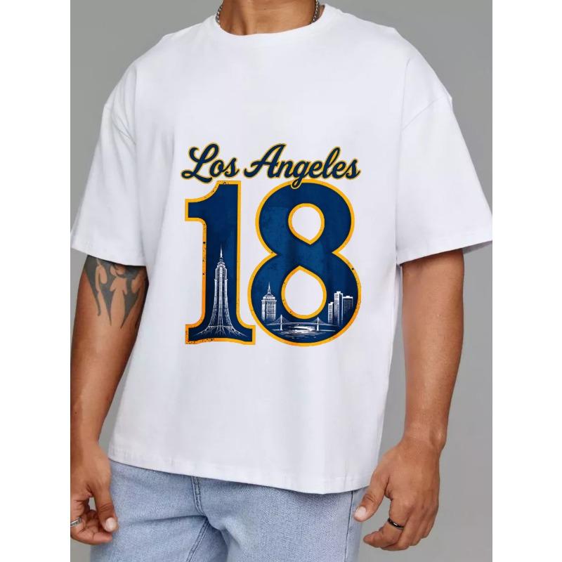 Los Angeles 18 Panorama města Tričko Bílé Text Los Angeles a číslo 18 se siluetami budov Urban Streetwear Ležérní oblečení pro muže a ženy
