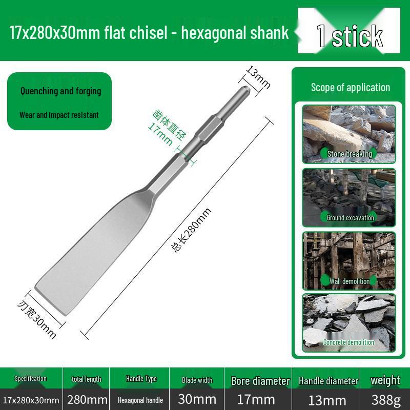 Ultra-Thin Electric Hammer Drill Bit Set: Square, Round, and Hex Shank with Flat & Pick Chisels for Slotting, Shoveling, and Wall Piercing Tasks