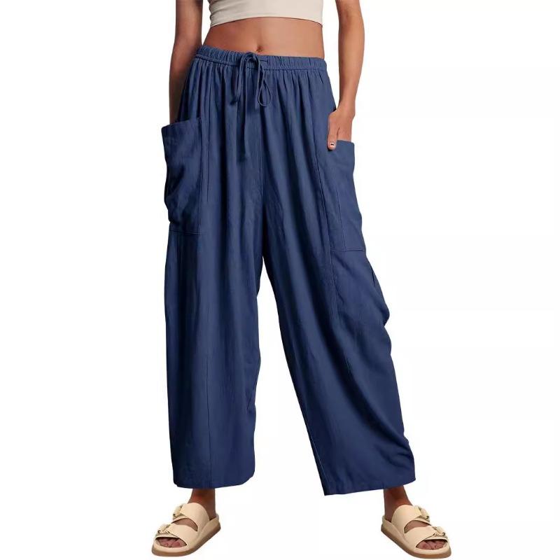 Spring and Summer Elastic Waist Pleated Mid Waist Straight Leg Pants, Loose Casual Cotton and Linen Cropped Pants