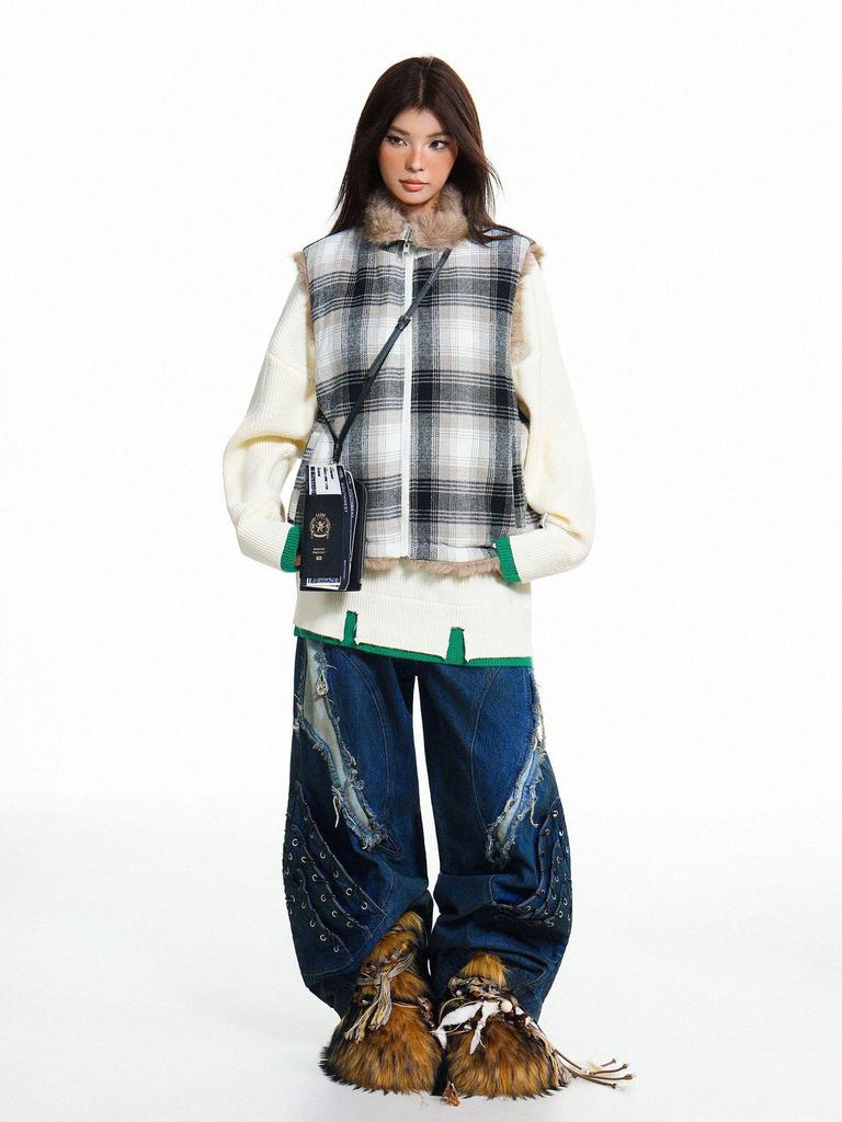 Gilet Reversibile a Quadri Stile Retrò Americano Unisex 2025, Giacca Calda Senza Maniche Larga in Cotone per l'Inverno