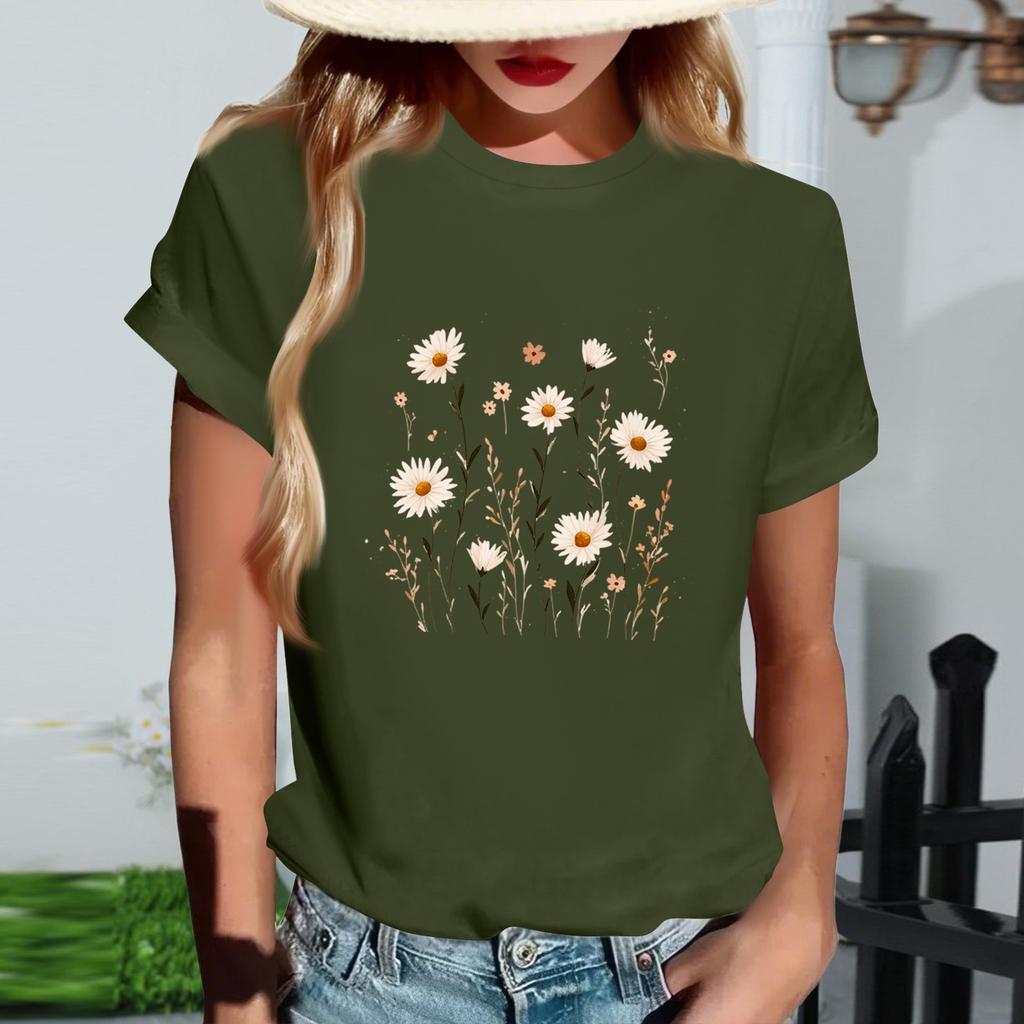 Damski modny T-shirt z krótkim rękawem z okrągłym dekoltem i casualowym nadrukiem retro