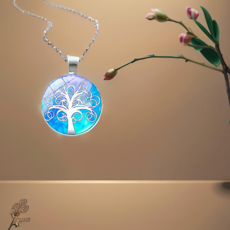 Elegant Tree Pattern Pendant Necklace In Vintage Silver Color With Classic Glass Cabochon