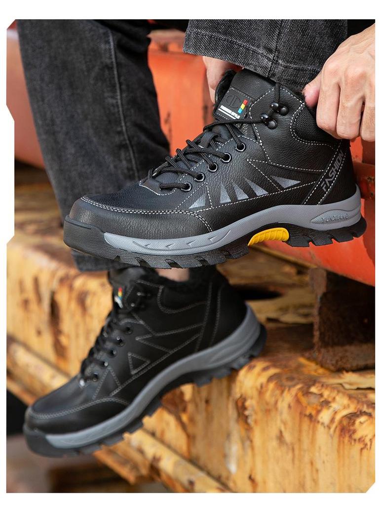 Men's High-Top Safety Shoes: Anti-Smash, Anti-Puncture, Warm Velvet Lining, Ideal for Long Standing, Autumn/Winter Ready.
