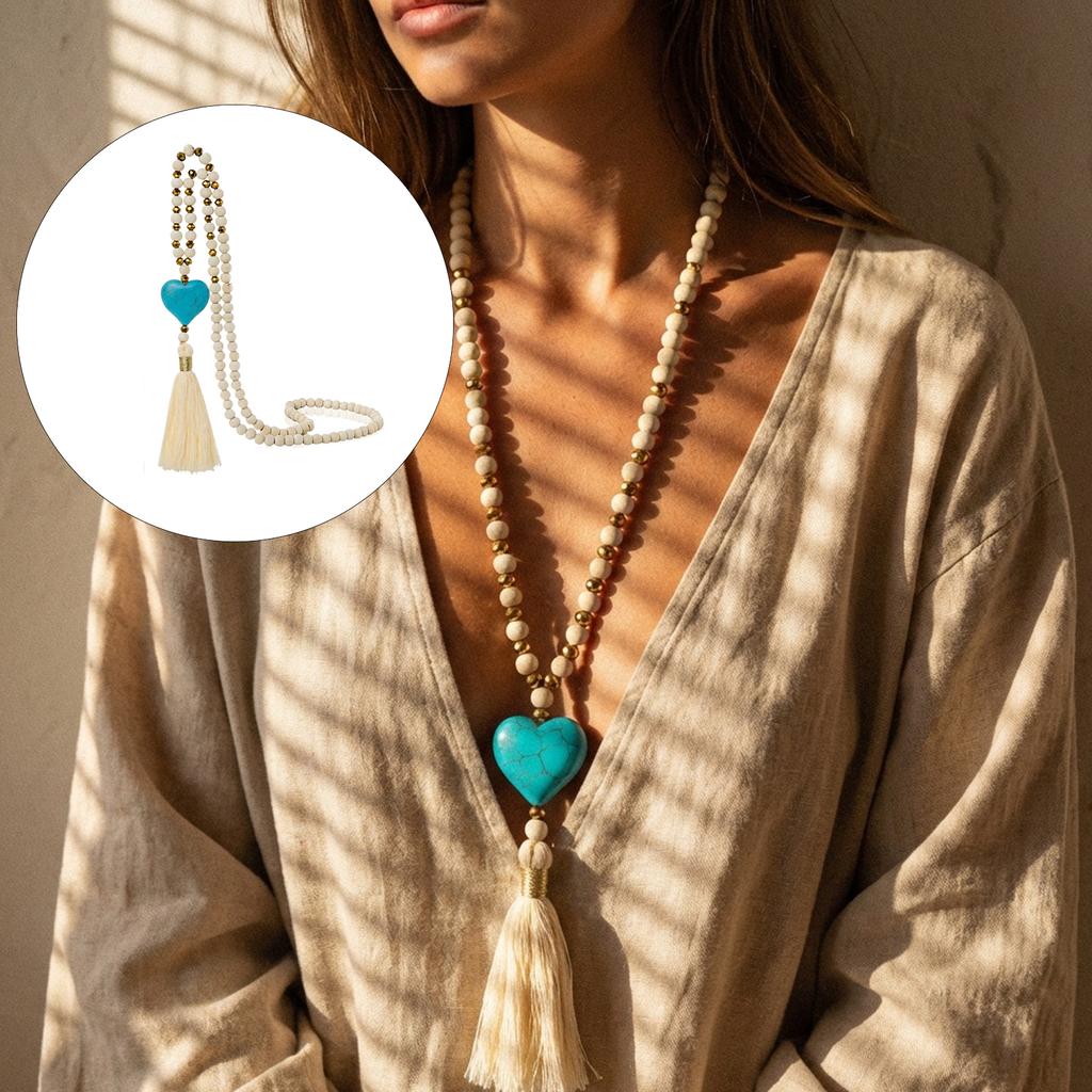 Artistic Retro Inspired Statement Necklace Sweater Chain Jewelry With Imitation Turquoise And Wood Bead Accent