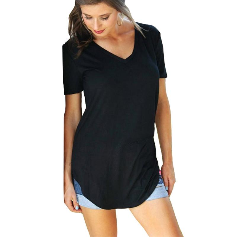 Stylish Women's Short Sleeve V-neck Hem Loose Casual Tee T-shirt For Summer Days