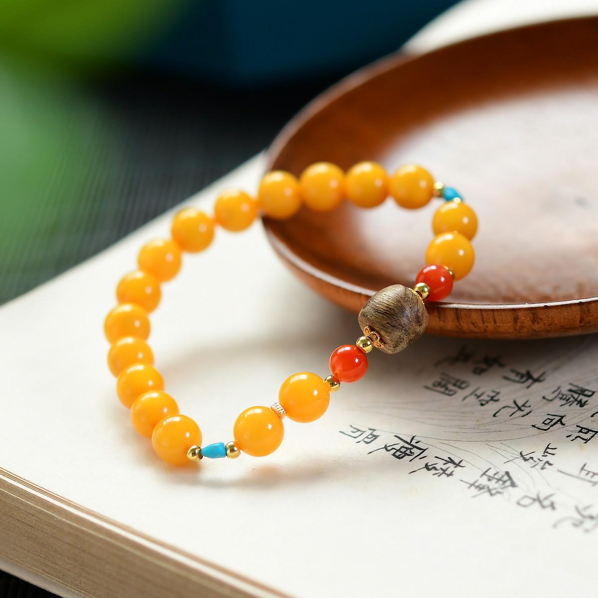 Natural Amber & Southern Red Agate 925 Silver Bracelet with Agarwood Beads 8mm