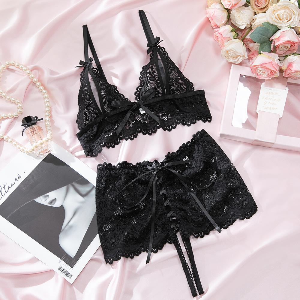 Women’s Sexy Black Lace Lingerie Set, Strappy Push-Up Bra with High-Waist Open-Crotch Panty, 2-Piece Intimate Wear