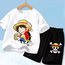 Summer Children Short Sleeve Clothes Set Anime Boy Girl T Shirt Shorts 2pcs One Piece Kids Outfit Chopper Luffy Tracksuit Suit