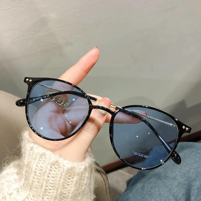 Anti Blue Light Color Changing Myopia Glasses Women Flat Lenses Sunglasses 0-50 To-600 Small Circular Frame Resin Myopia Glasses