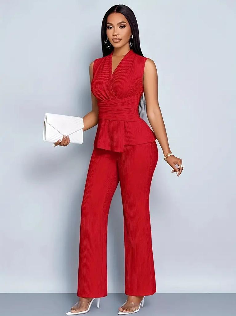 Spring and Summer Women's Two-piece Set of Elegant and Thin V-neck Sleeveless T-shirt and Wide-leg Pants Two-piece Set