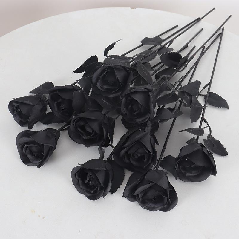 Schwarze Magie Künstliche Rose Einzelstiel Halloween Dekoration Kunstblume, 3 Stück