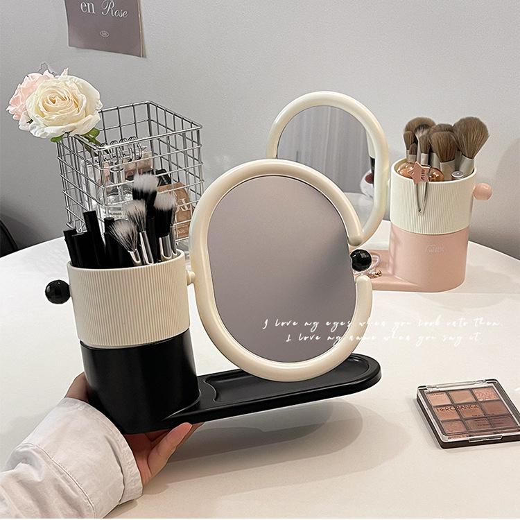 Rotatable Makeup Mirror with Storage Box, Desktop Cosmetic Brush Holder, Multifunctional Table Vanity Mirror Tray