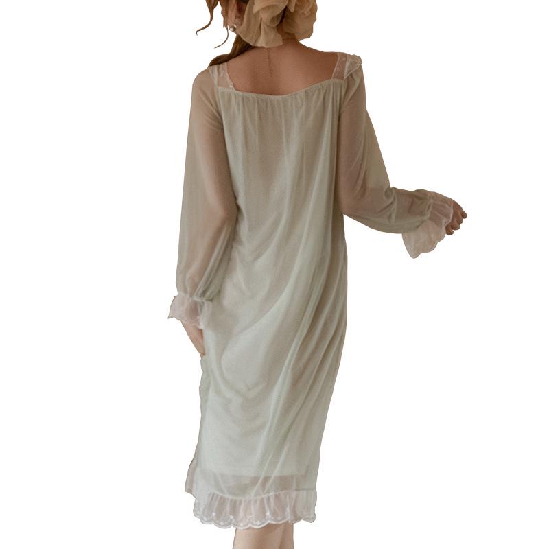 European & American Lace Mesh Long-Sleeve Rayon Nightdress for Women, Loose Fit, Plus Size, Maternity & Sexy Design