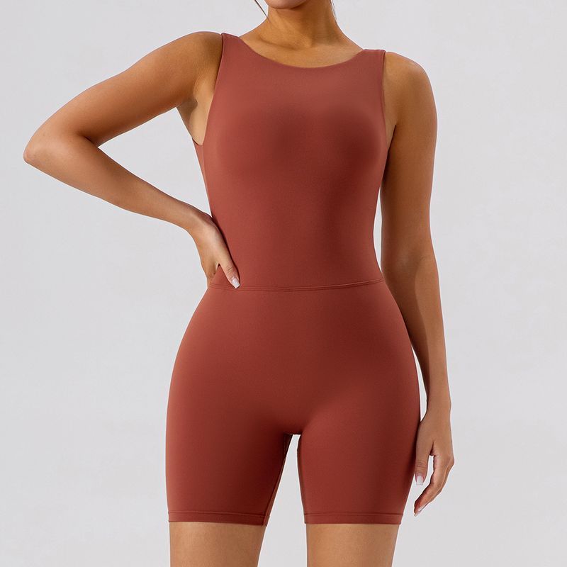 Fashion Nude Feel Hollow-out Beauty Back Yoga Jumpsuit Tight Sports Fitness Hip Lifting Jumpsuit Yoga Shorts Women