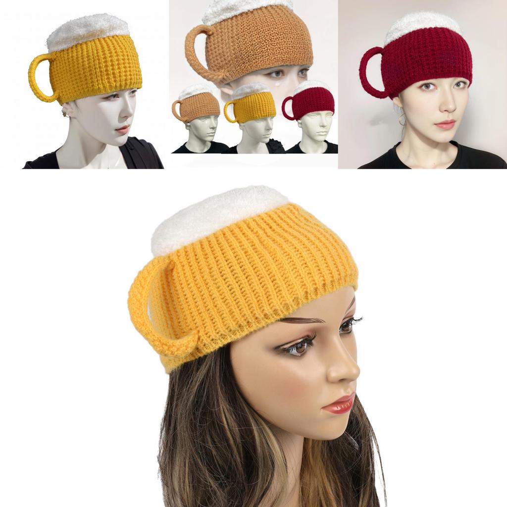 Trendy 3d Beer Cup Knitted Beanie Hat For Winter Warmth In Yellow Wine Red And Khaki