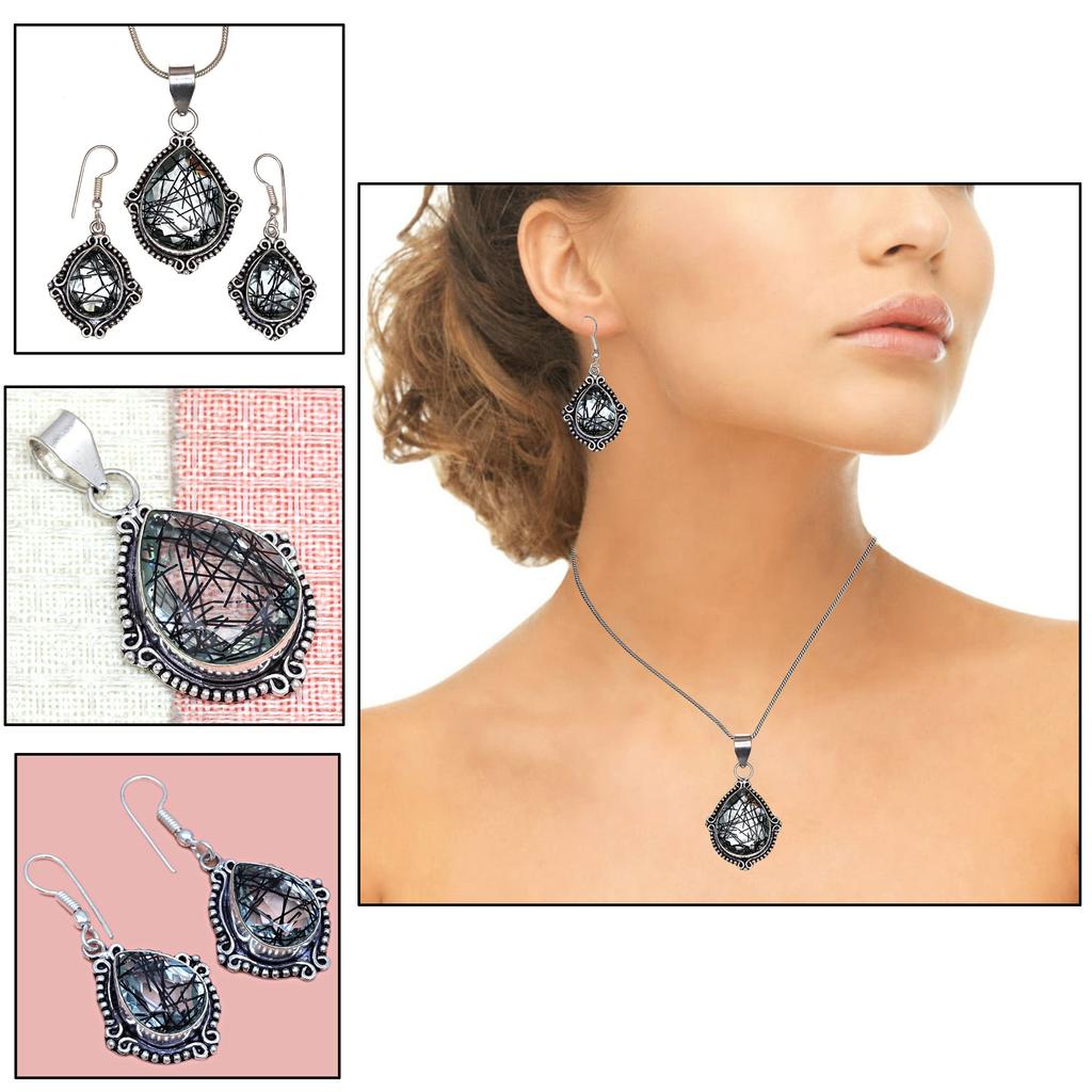 Black Rutile Set  Pendant  Jewelry Earring 18-20'' Gemstone Handmade