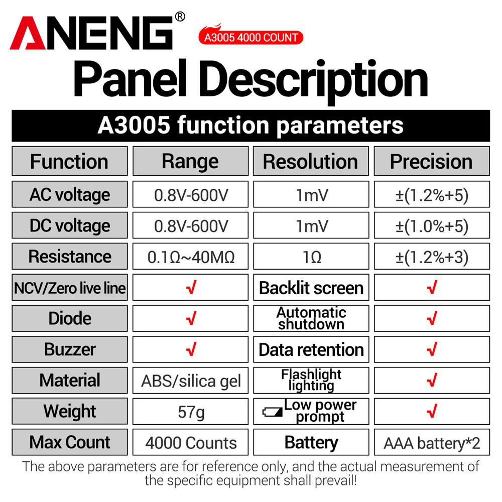 ANENG A3005 Pen Type Mini Resistance AC/DC Voltage 4000 Counts Meter Multimeter Digital Professional NCV Ohm Diode Tester tools