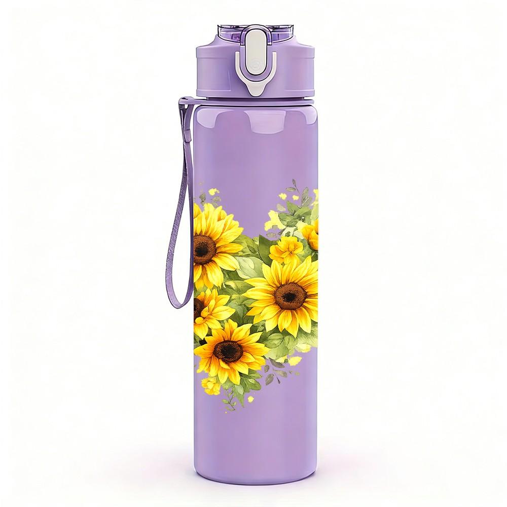 1PC Sunflower Yellow Flower Heart Print 750ml Color Plastic Sports Water Bottle Leakproof Flip Straw Lid Suitable for Sports Office Home Use