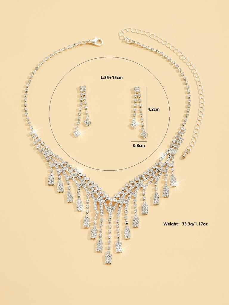 3PC Women's Fashion Design Long Tassel Necklace Earrings Zircon Set Wedding Banquet Party Holiday Gift