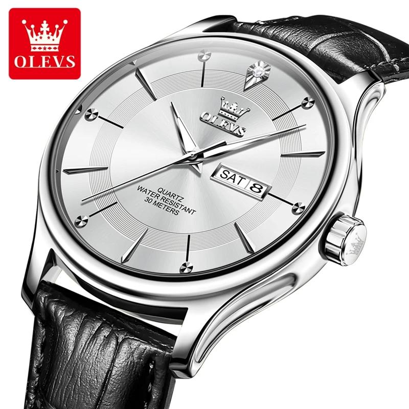 OLEVS Brand Fashion Quartz Watch Men Leather Strap Waterproof Luminous Week Date Business Mens Watches