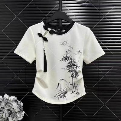 Baumwolle Chinesischer Stil Damen T-Shirt Sommer T-Shirts Kurzarm Schlanke Damen Tops Vintage Rundhals Stickerei Koreanische Kleidung Verkauf