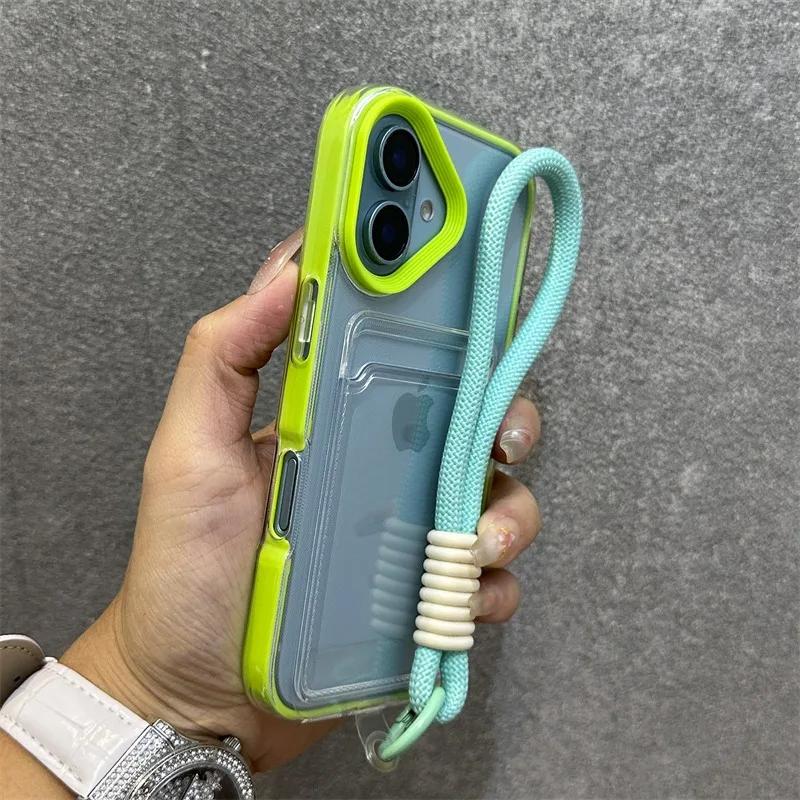 

Роскошный чехол для карт, прозрачный, со шнурком, чехол для iPhone 11 12 13 14 15 Pro Max 16 Plus XS, противоударный, мягкий чехол из ТПУ For iPhone 16 Pro зелёный