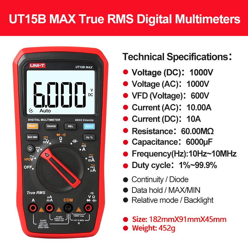 UNI T Professional Digital Multimeter Tester UT15B MAX 1000V AC DC Voltage Meter Capacitor Tester True RMS Electric Multi Meter