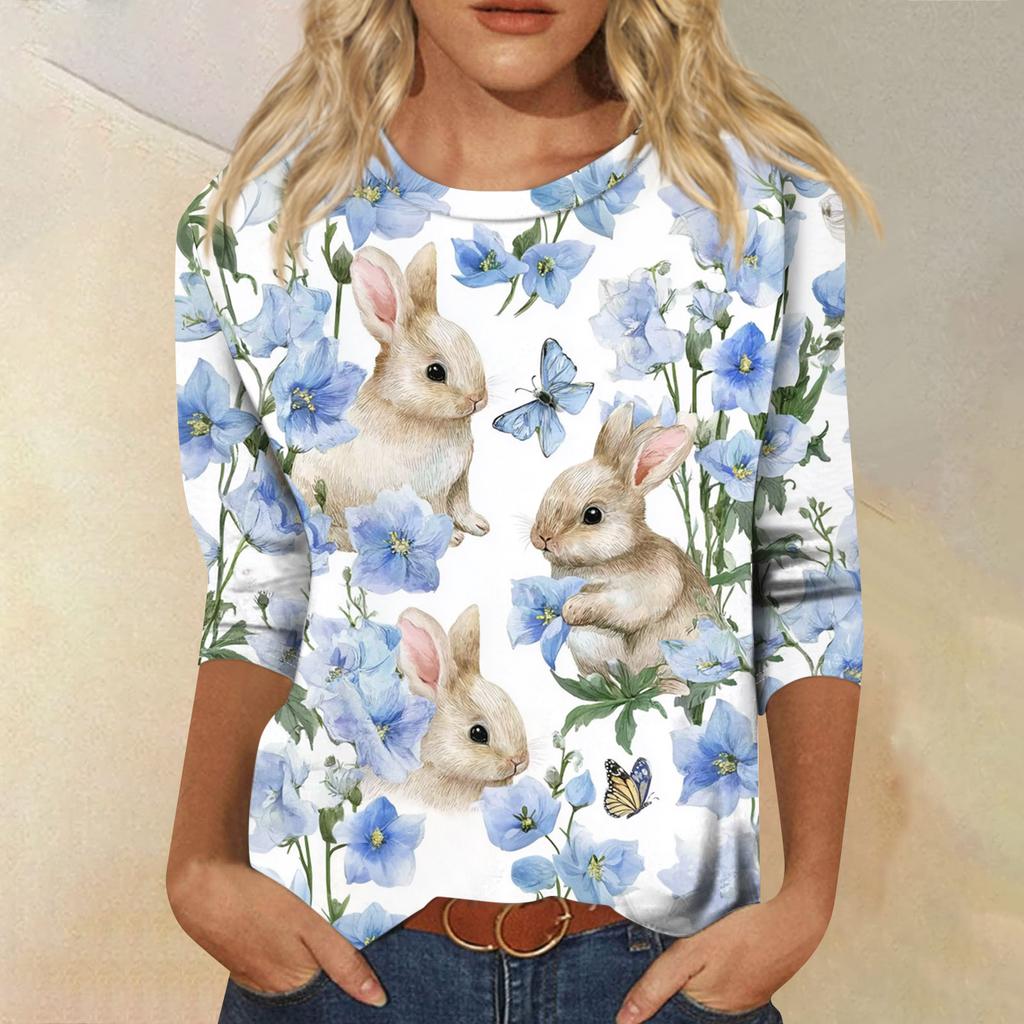 Women's Fashionable Casual Three-quarter Sleeve Easter Print Round Neck Pullover Top