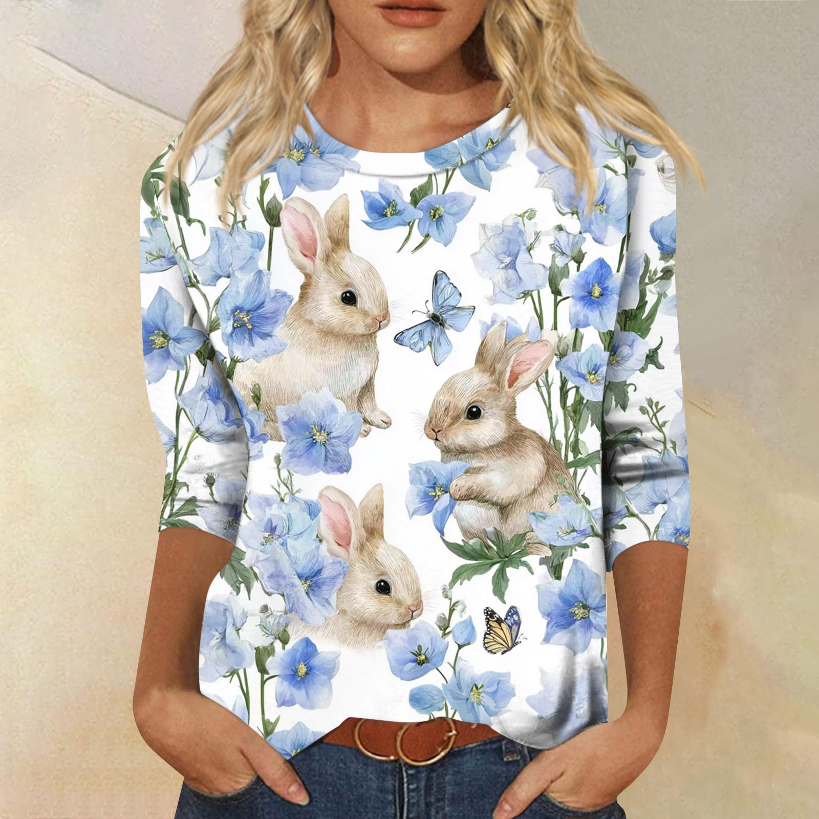 

Women s Fashionable Casual Three-quarter Sleeve Easter Print Round Neck Pullover Top XL небо синє кольору