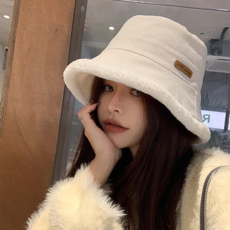 Plush bucket hat winter plush thickened warm hat women's big head circumference thin white fashion versatile bucket hat