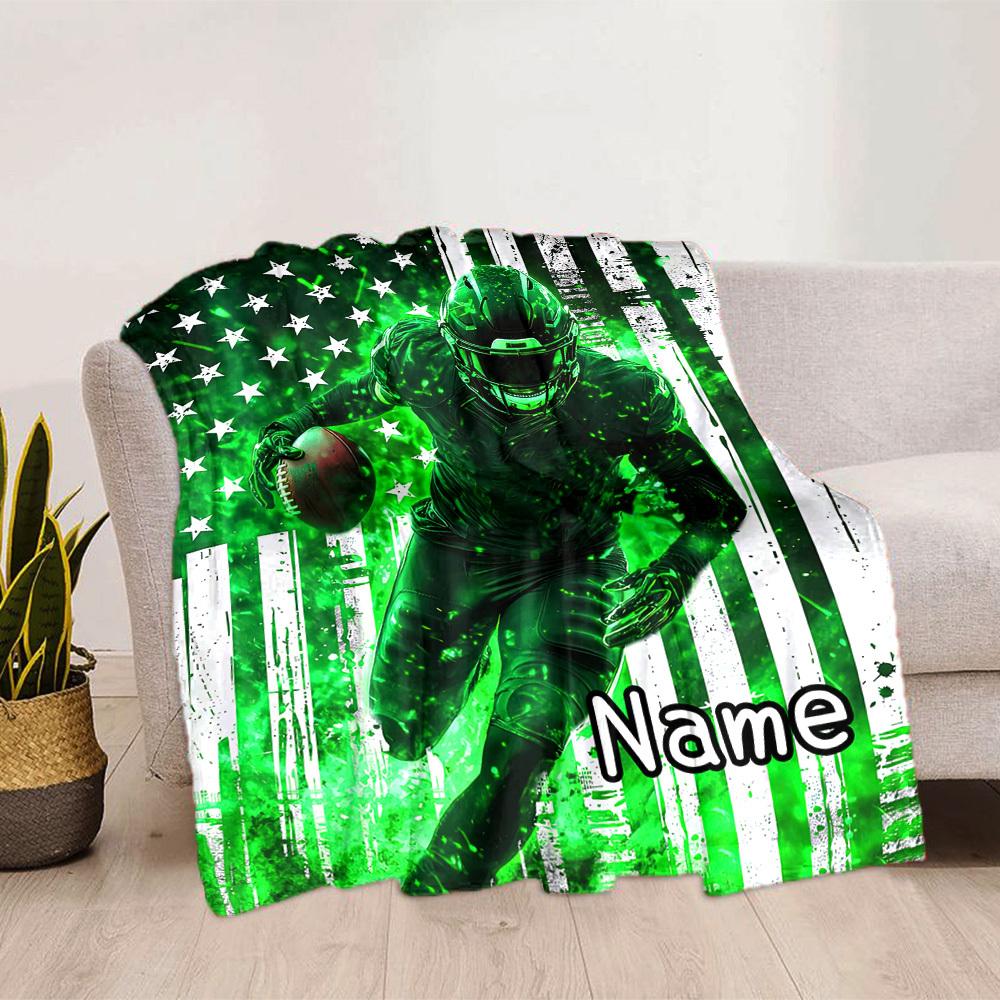 Football Player With Green Flag Personalized Blanket Home Customize Your Name Blankets Comfortable Soft Lightweight Allseason Multipurpose Blanket For