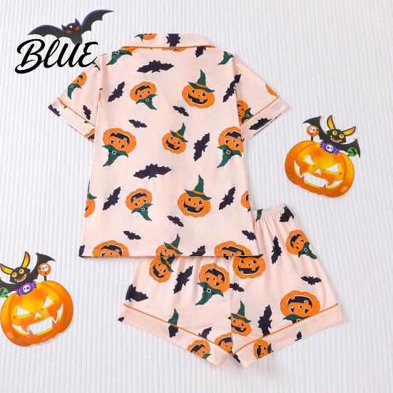 Matching Shorts Pajama Set Womens Halloween Pajamas Button Down 2 Piece Pjs Pumpkin Print Short Sleeve Sleepwear Sets