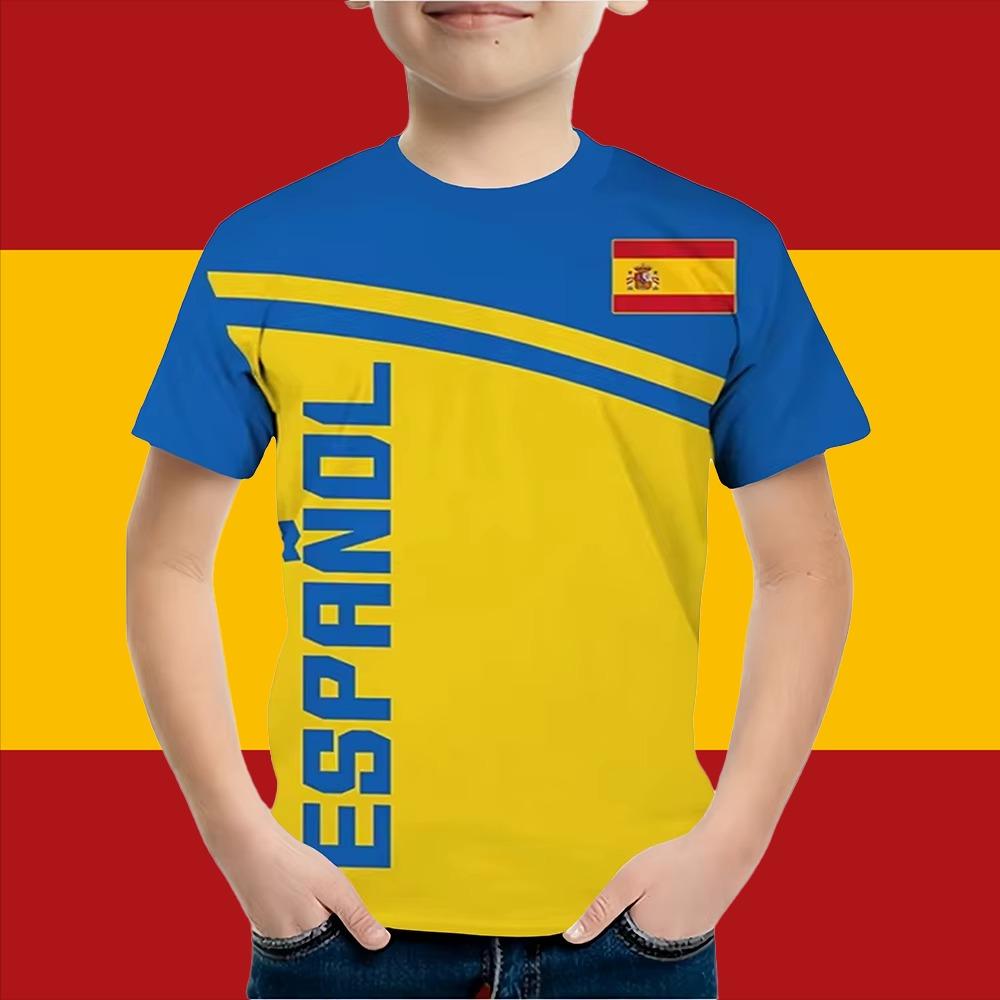 Boys' Clothing Spanish Flag Graphic T-shirt Retro Casual Short-sleeved Children's Clothing Summer Outdoor Spanish Children's Tops