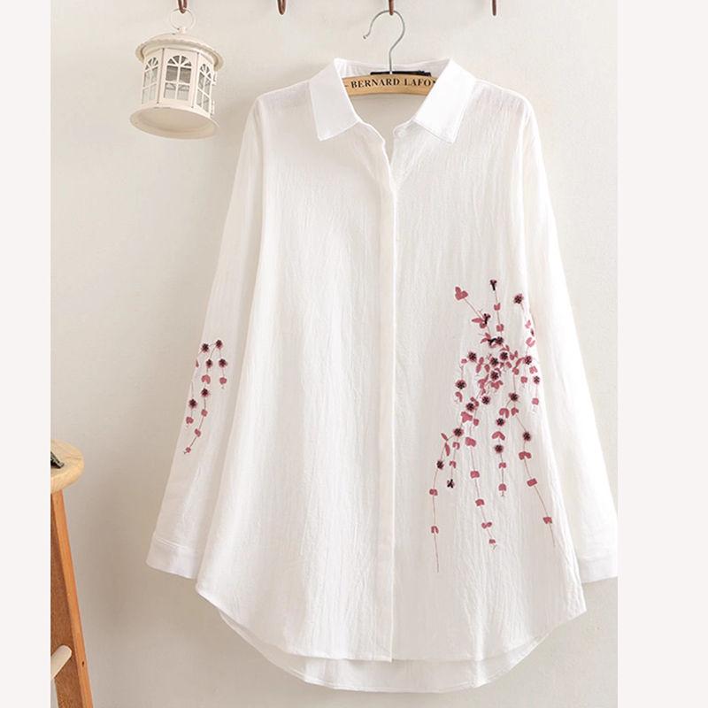 Spring Plus Size Women's Embroidered Cotton Linen Mid-Length Shirt 2025