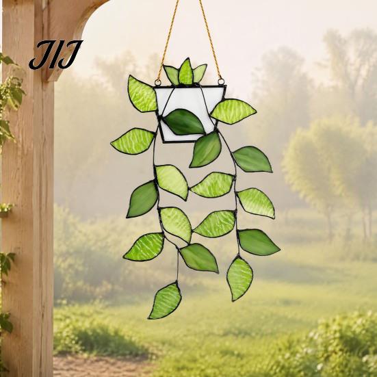 Light Refracting Plant Decoration Painted Green Leaf Window Sun Catcher for Balcony, Acrylic Faux Indoor Hanging Decorations Decor, Lightweight