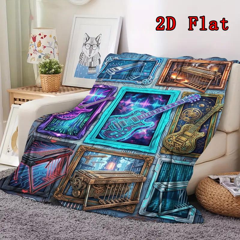 Futuristic Musical Instruments 2D Flat Pattern Flannel Blanket, High Quality All Seasons, Home Decor, Warmth and Comfort, Perfect for Christmas Gifts.