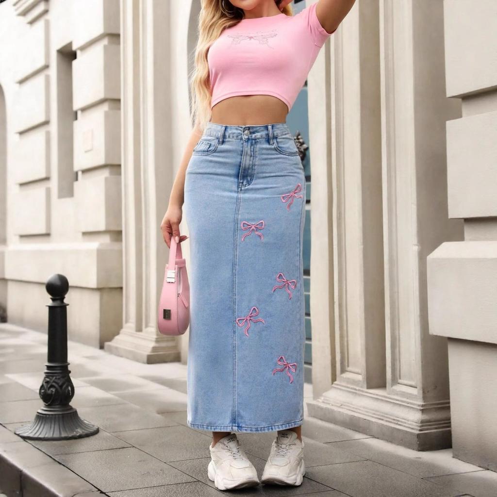Bow Tie, Fashionable Pearl Women's Clothing, Versatile Denim Skirt, Midi Skirt